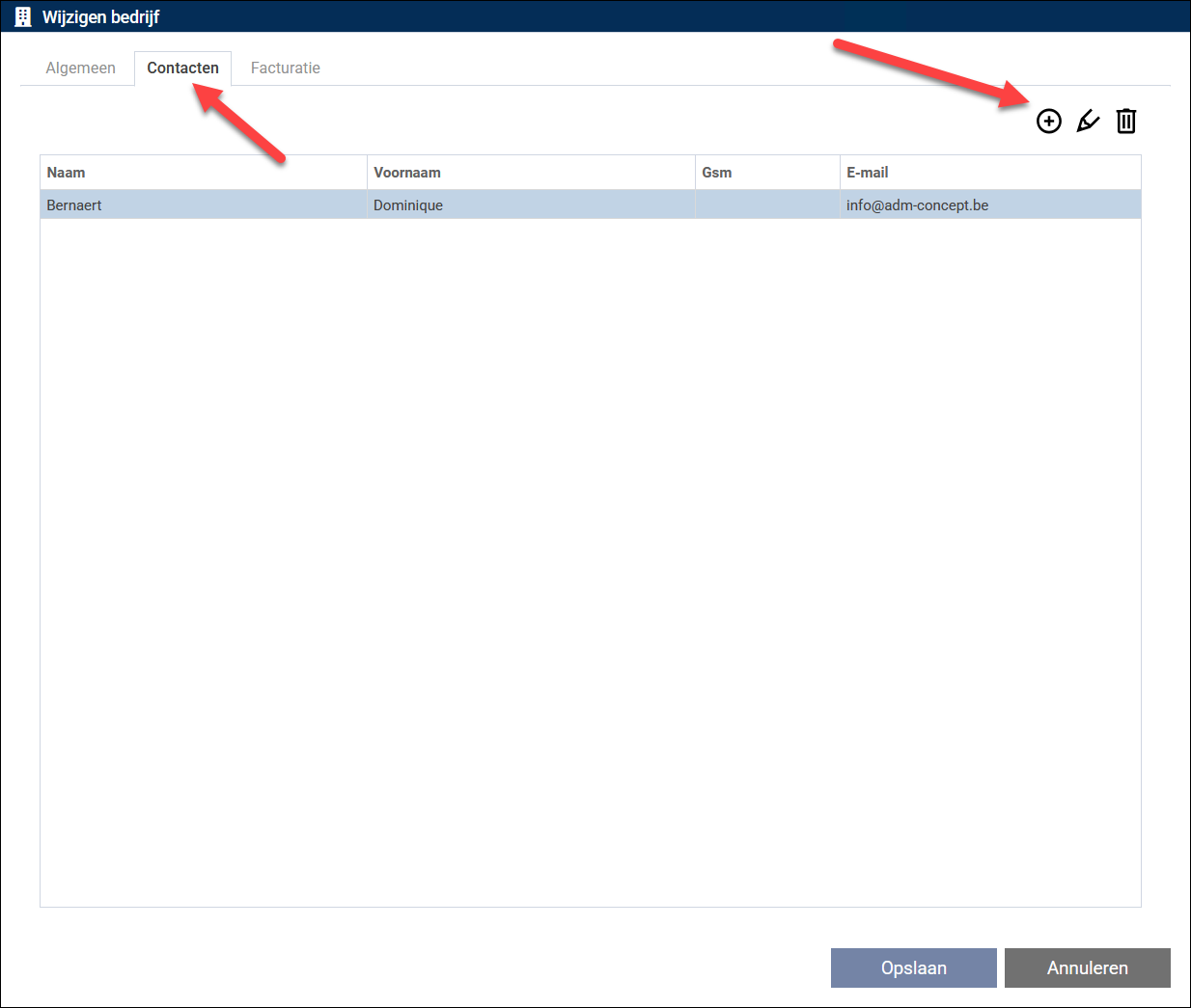 Bijkomend tabblad met gekoppelde contacten
