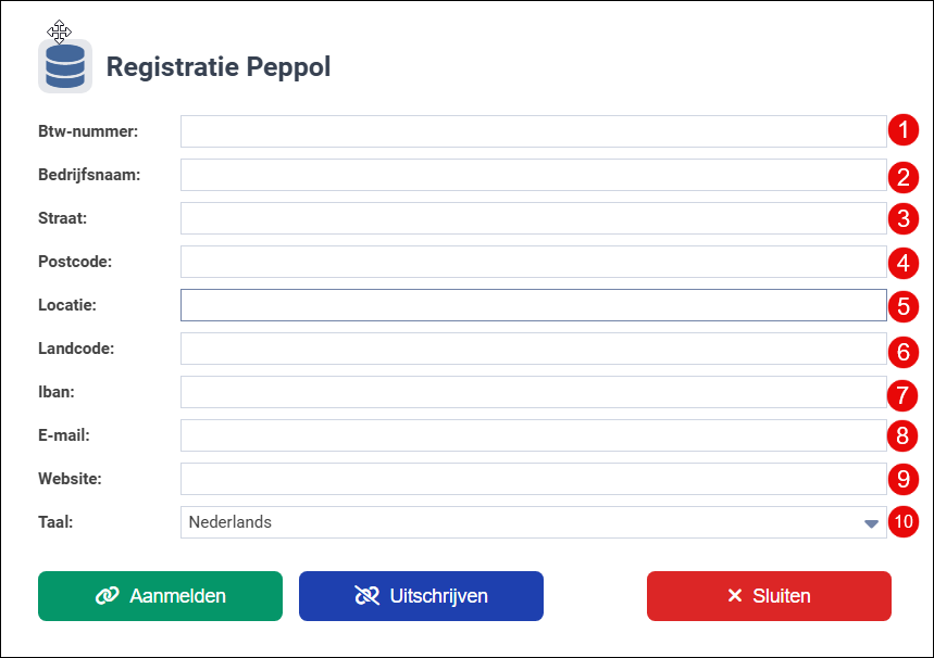 Venster voor het registreren bij het Peppol-netwerk
