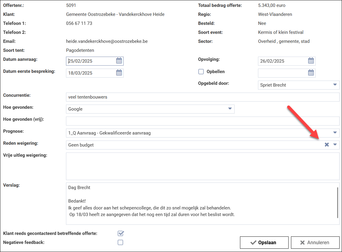 Snelkoppeling om reden verlies leeg te maken