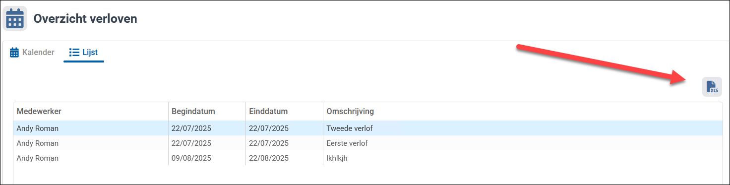 Snelkoppiling om de verloven te exporteren naar Excel