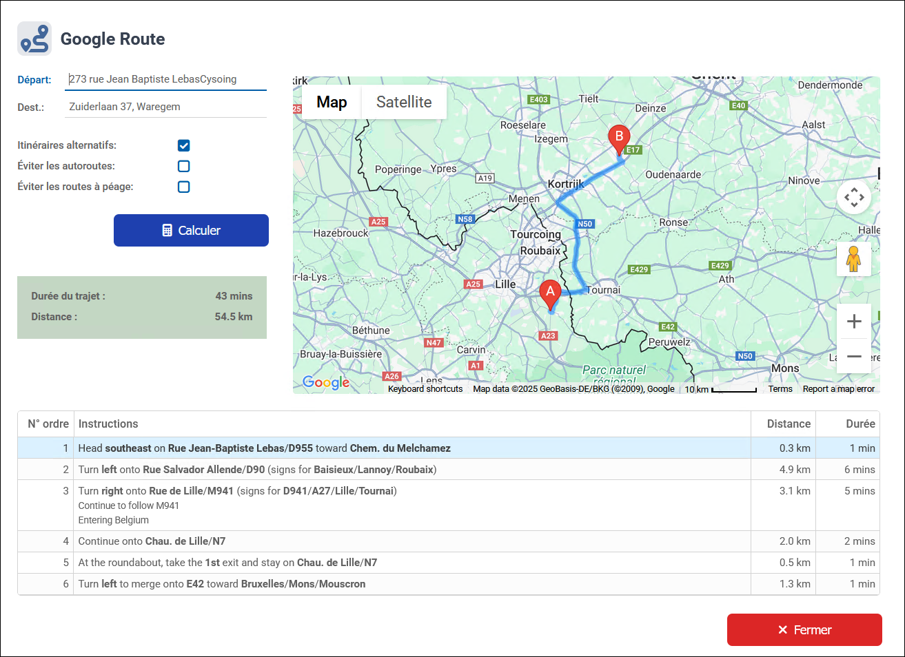 Screenshot of the integration of Google Route