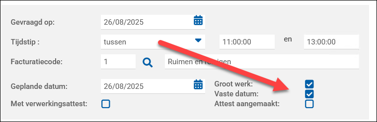 Bijkomende vlag 'Vaste datum' in de detailfiche van een werkorder