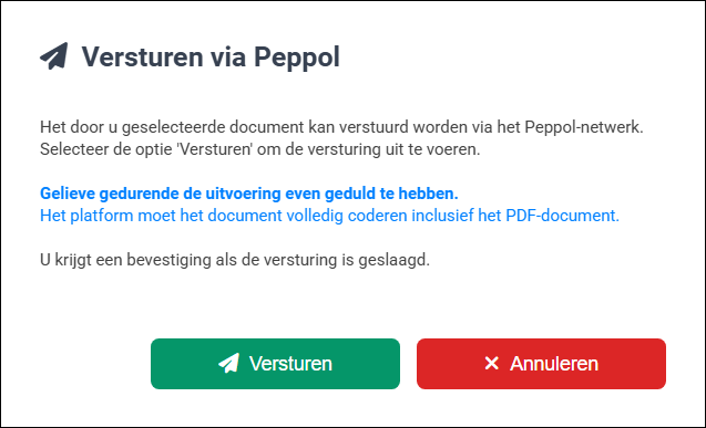Venster met opties voor de versturing via het Peppol-netwerk