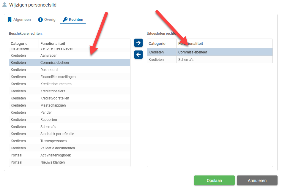 Venster voor het aanpassen van de beveiliging commissieschema's